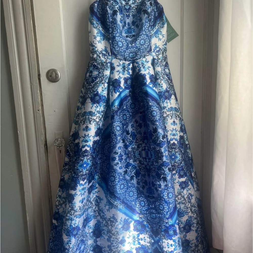 JCPenney Blue and White Pleated Strapless A-line Dress for Weddings
